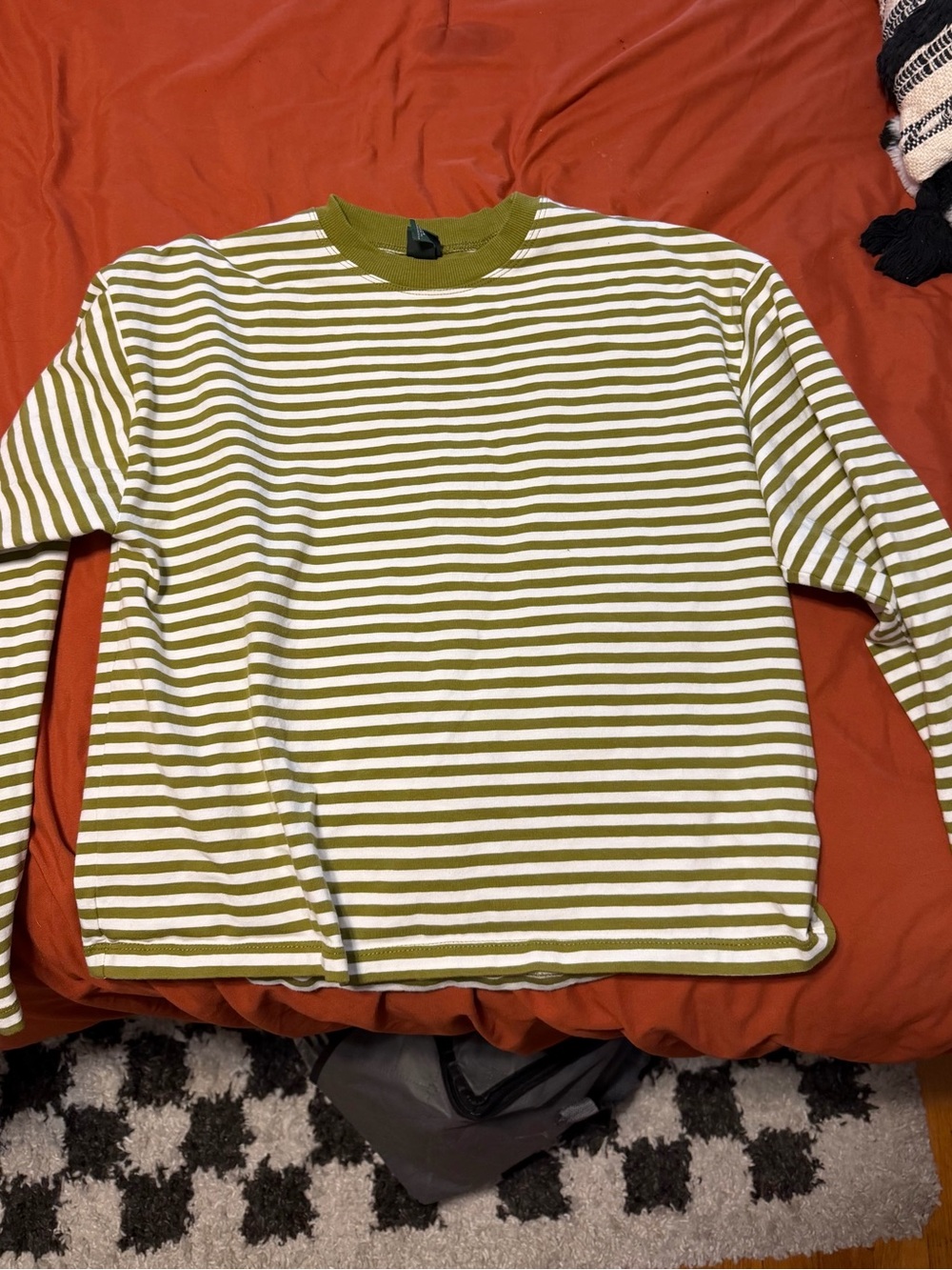 Oversized Striped Olive Green and White Long-Sleeve Crewneck Shirt